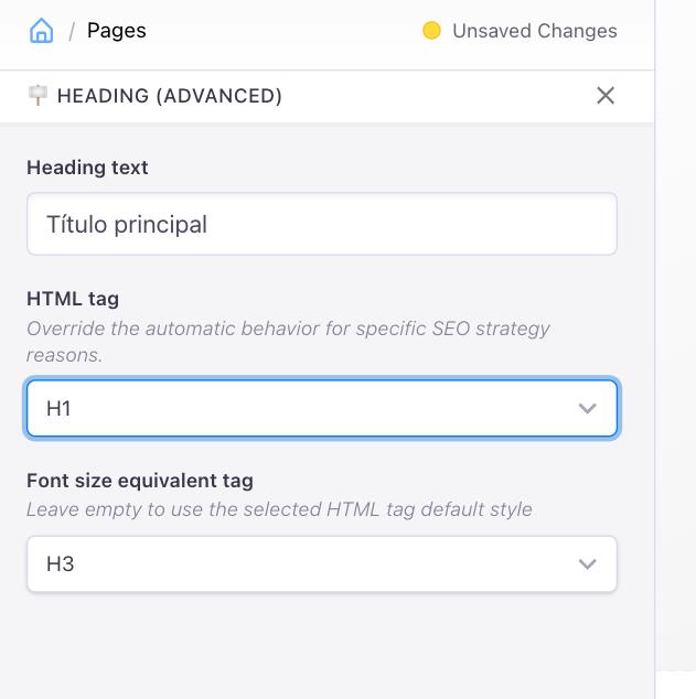 Screenshot of advanced heading editing